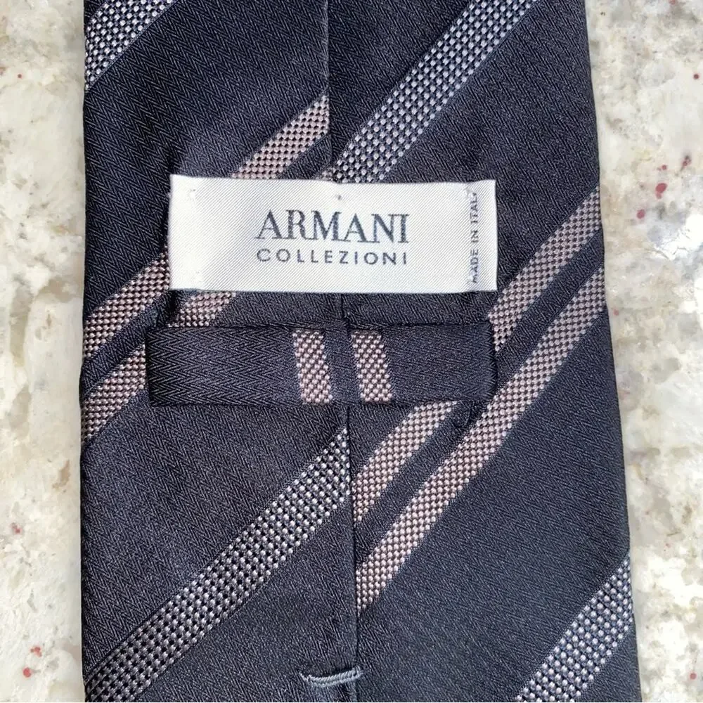 Giorgio Armani Men’s Silk Designer Tie Black Gray Tan Diagonal Stripe EUC